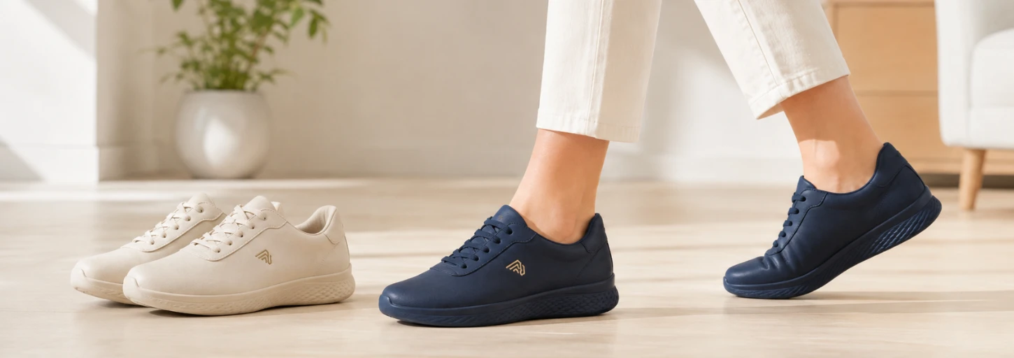 femme porte un chaussure orthopédique bleu