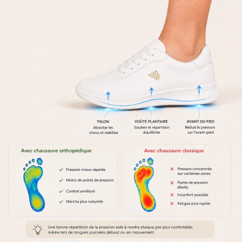 image explicative de la répartition du poids sur le pied avec est sans chaussures orthopédiques