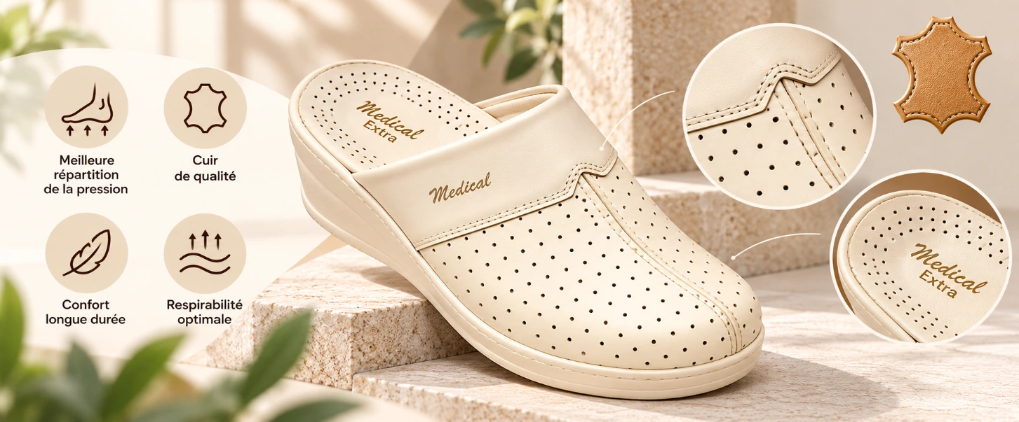 Sabot orthopédique en cuir beige perforé avec semelle confortable, présenté avec des détails sur la respirabilité, le maintien et la qualité du cuir.