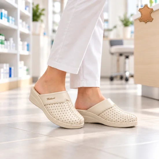 une femme porte un sabot orthopédique dans une pharmacie