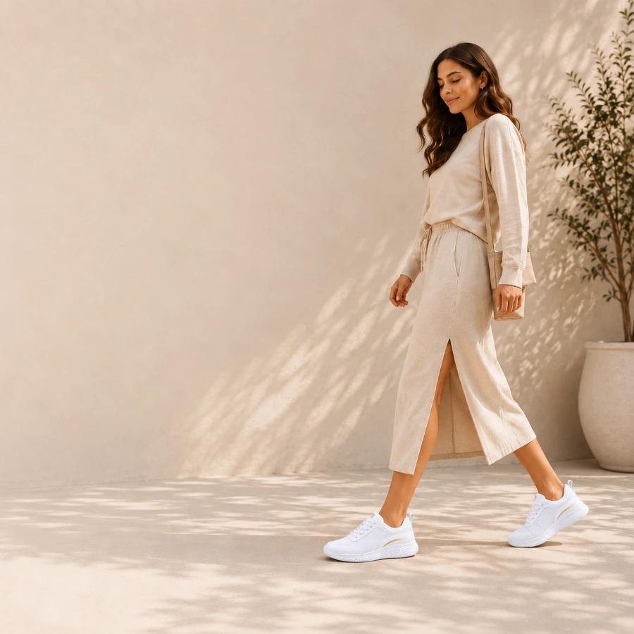 femme prote et marche avec des baskets blanc orthopédiques